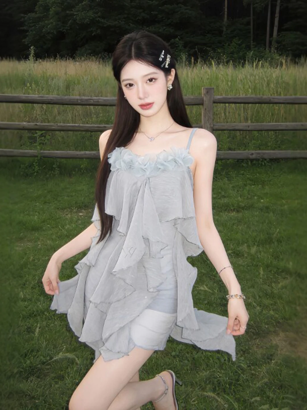 

Gentle Breeze Beautiful Ruffle Sleeveless Dress Summer Beach Vacation Style Fairy Short Skirt Cotton Chiffon Soft Medium Stretch