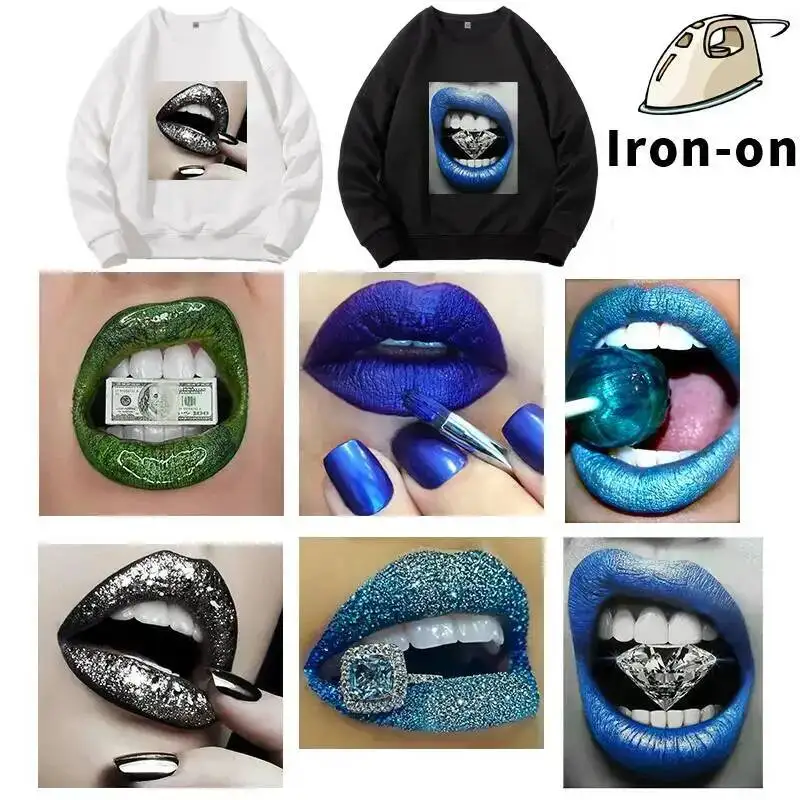 Diamond Dollar Lips heat transfe Sexy Lips DIY Print-on T-shirt Hoodies Washable Thermal Cloth Sticker Iron On Clothes Patches