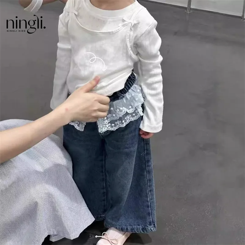 

NL-Children's Clothing Girls' Suit2024Autumn Sweet Long Sleeve Bandage Dress Two-Piece Sling Lace Jeans