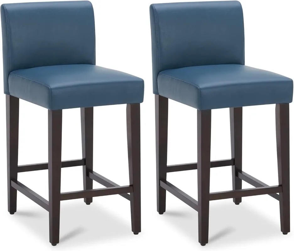 

Counter Height Bar Stools Set of 2 25" H Seat Height Upholstered Barstools PU Leather in Dark Blue COMFORTABLE SEATING