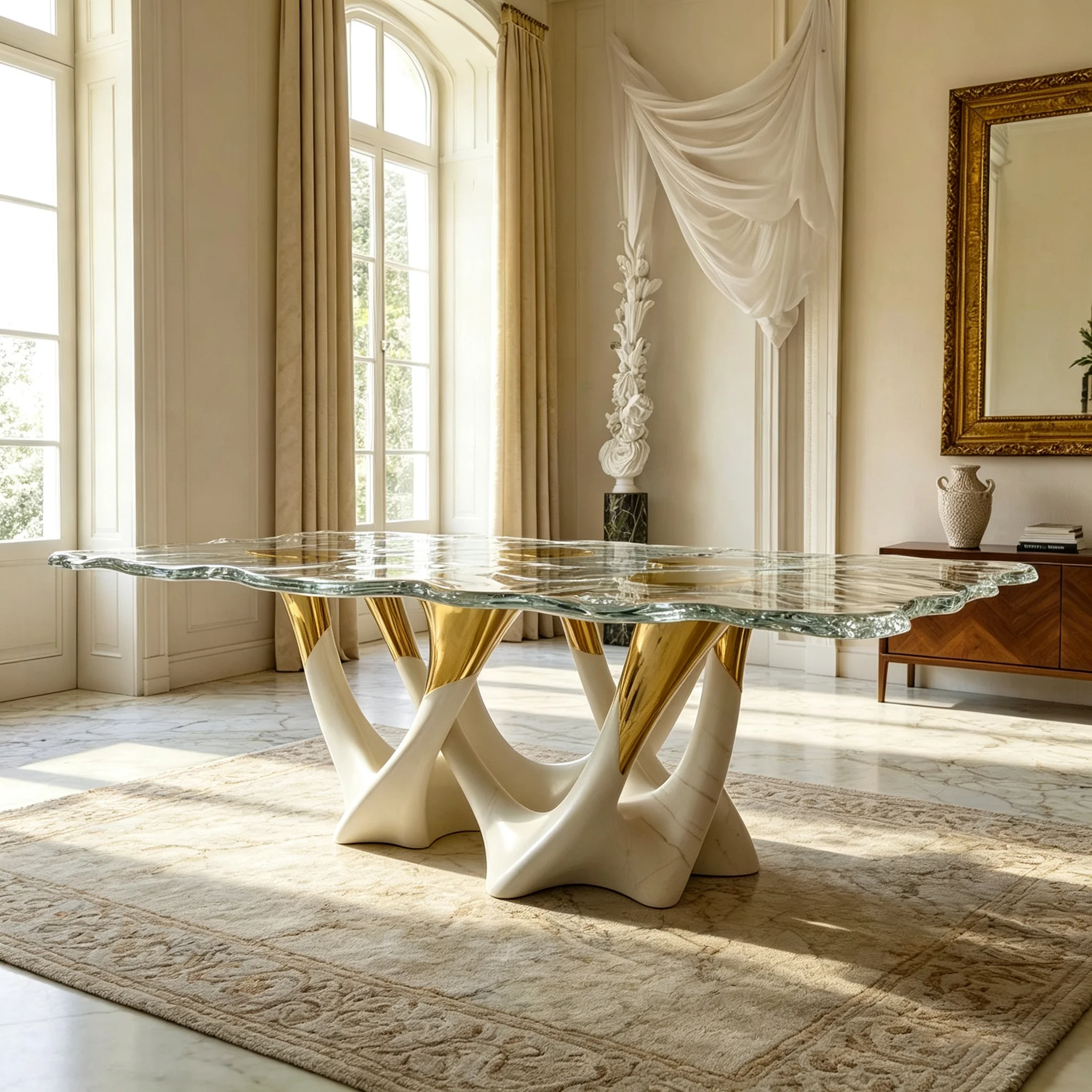 S*-Luxury Wavy Glass Dining Table, Artistic Sculptural Base with Gold Accent for Villa