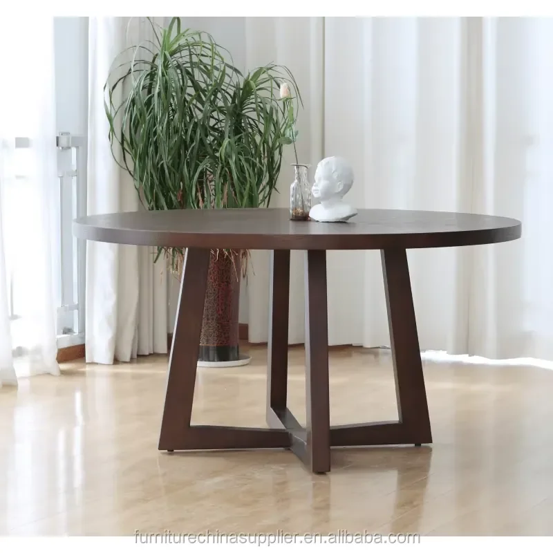 Modern Round Solid Wood Dining Table with Cross Pedestal Base Circular Kitchen Table for 6 Seater A-T05