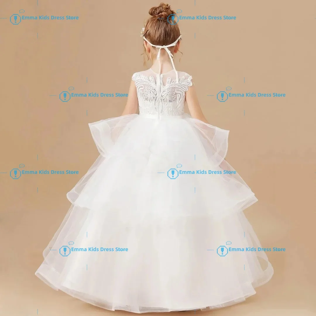 Custom Flower Girl Dress White Tulle Floral Appliqué Multi-layer Sleeveless Suitable for Weddings and Communion