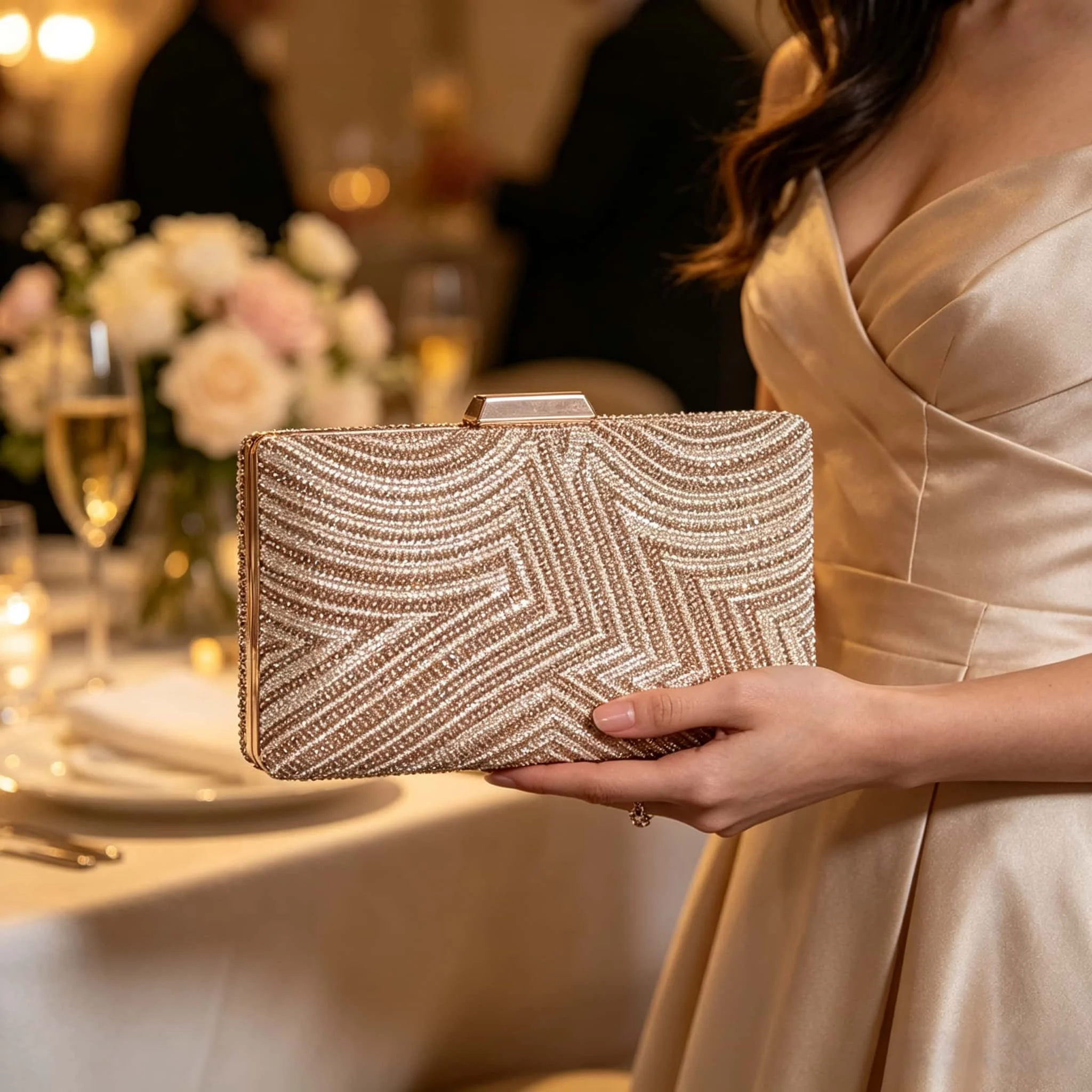 Champagne-Colored Ripple-Patterned Full Diamond Evening Bag for Women, Rectangular Hard Case Clutch with Detachable Metal Chain, Suitable for Weddings, Bridesmaids, and as a Crossbody Small Bag