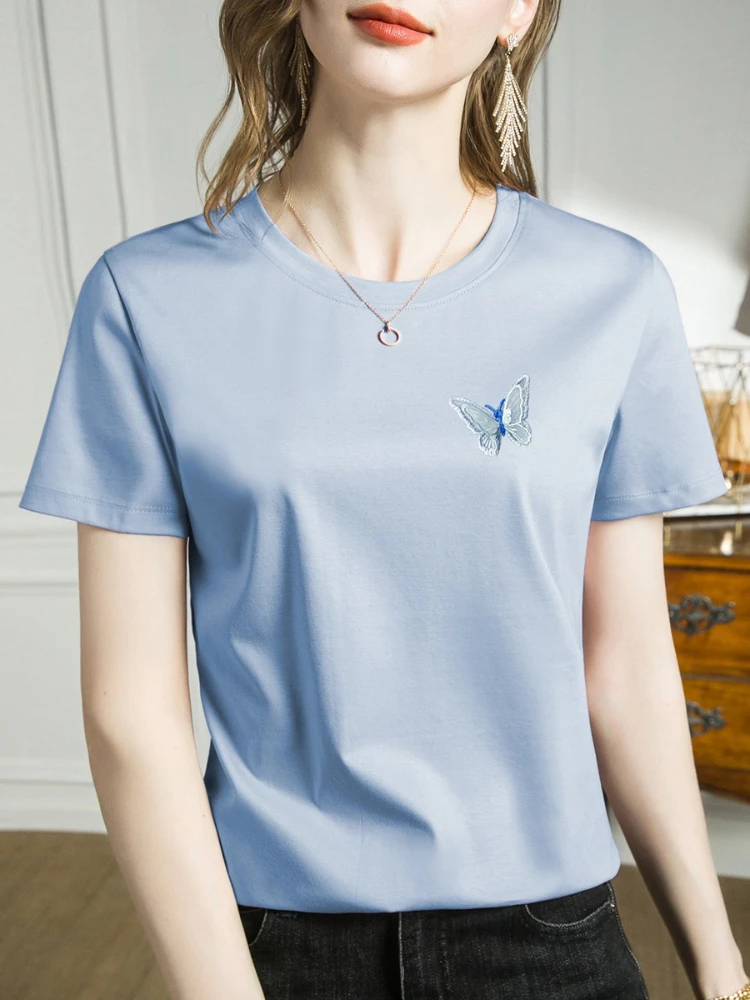 

High End New 3D Embroidery Butterfly Tshirt Women Summer Fashion Ins Slim Fit Short Sleeve Top Y2k Top