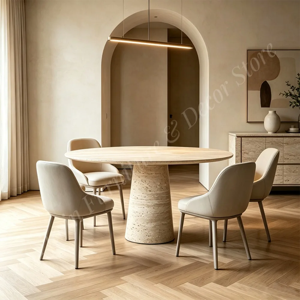Natural Travertine Round Dining Table Pedestal Stone Table Aussie Coastal Luxury Heavy Duty Anti Stain Patio Table Australia