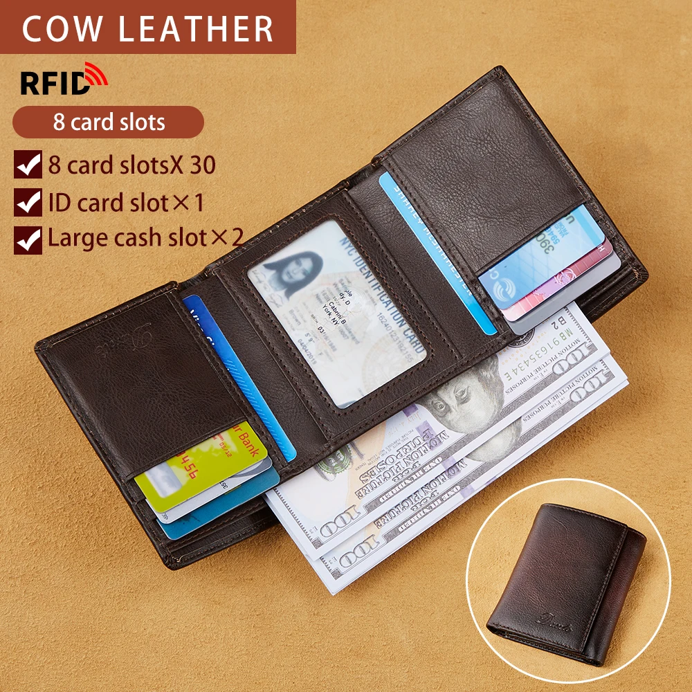 Dante Retro Three Fold Genuine Leather Men's Wallet with Anti-Theft Card Swiping Head Layer Cowhide Wallets Multiple Card Slot