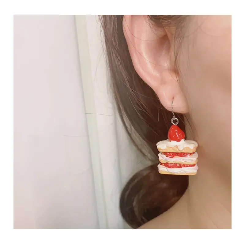 Handmade Resin Drip Glue Strawberry Cake,Coffee Earring Women's Eye Catching April Fool Day Afternoon Tea Dim Sum Model Earrings