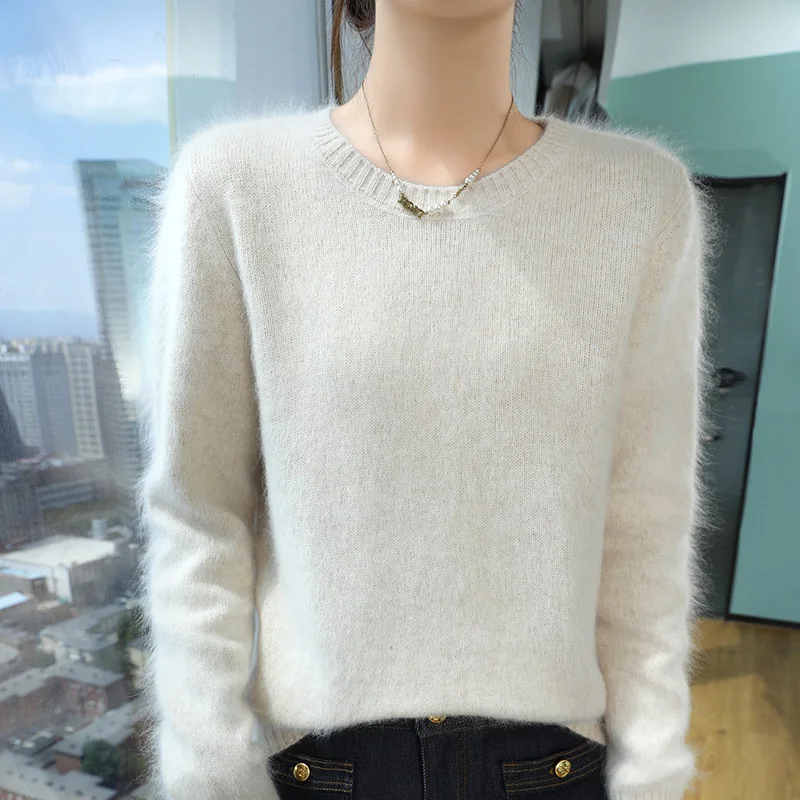 First-line ready-to-wear mink cashmere sweater women loose large size sweater solid color low o-neck knit thick jumper warm base