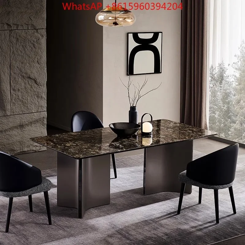Natural marble dining table and chairs Italian minimalist large flat-floor villa high-end luxury stone rectangular dining table