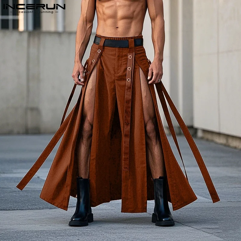 INCERUN Men Skirts Solid Pants Elastic Waist Oversize Split Irregular Trousers Men Skirts Streetwear 2025 Fashion Men Bottoms