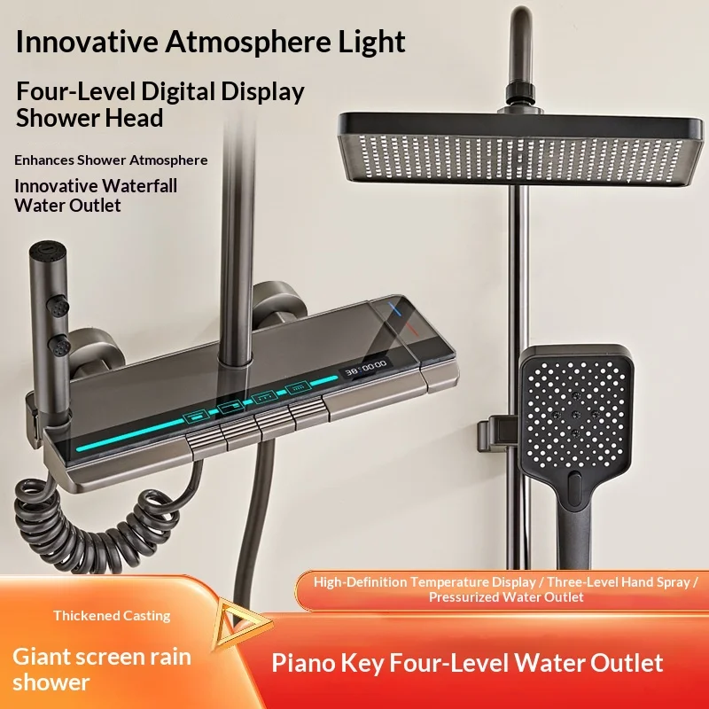 

Piano Key Shower Set LED Display Thermostatic Rainbow Water Flow Shower Head Kit for Home Bathroom Grey Chrome Cold Hot Shower