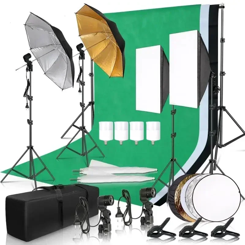 Fotografie Fotostudio Softbox Verlichtingsset Met Achtergrondframe 3 Stuks Achtergronden Statief Reflectorplaat 4 Parasols