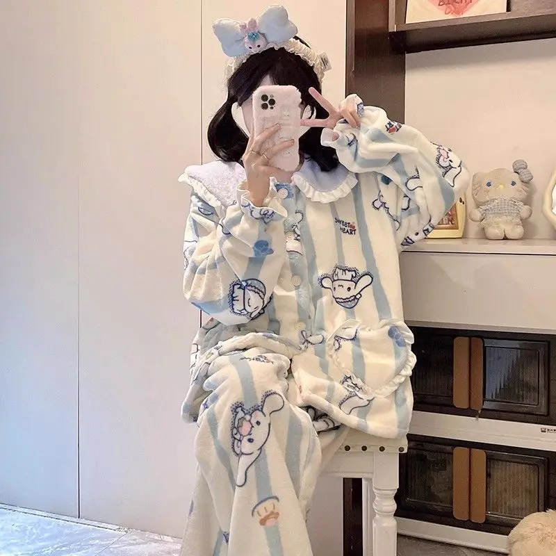 بيجامة مخملية مرجانية ناعمة ولطيفة على الموضة للفتيات للخريف والشتاء على طراز الأميرة من الفلانيل بالإضافة إلى ملابس منزلية سميكة #5