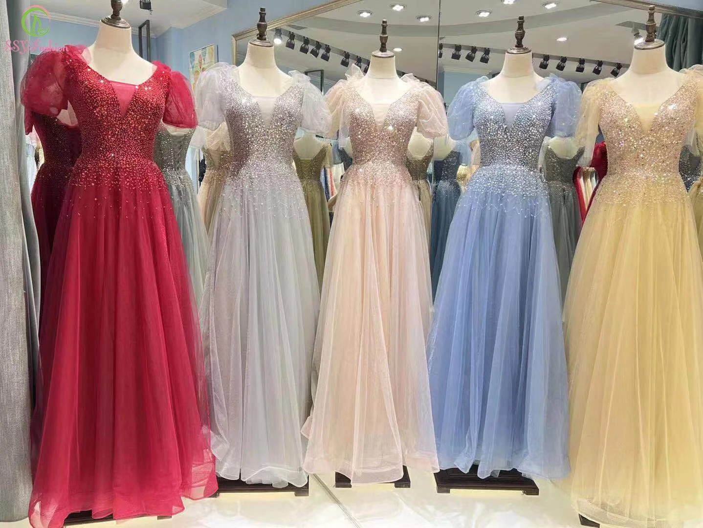 

Женское вечернее платье SSYFashion, элегантное бальное платье-трапеция с блестками, бусинами и пышными рукавами, бальное платье 5 цветов для вечеривечерние