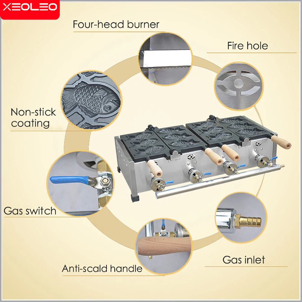 XEOLEO 상업용 타이야키 메이커 기계, 물고기 모양 와플 메이커 기계, LPG 가스, 붙지 않는 팬, 물고기 모양 케이크 메이커, 6 개