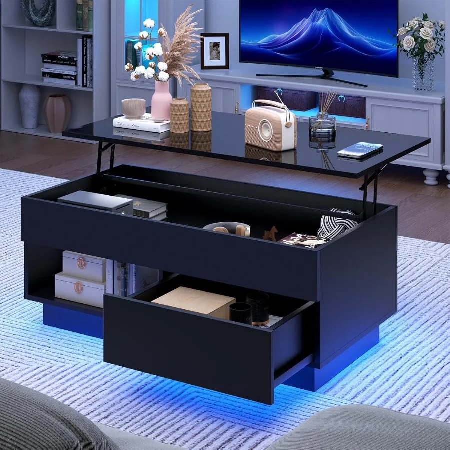 طاولة قهوة LED باللون الأسود مع طاولة قهوة مع مساحة تخزين وطاولة شاي حديثة مع درج لرفع طاولة مركزية لتناول الطعام مع شريط LED