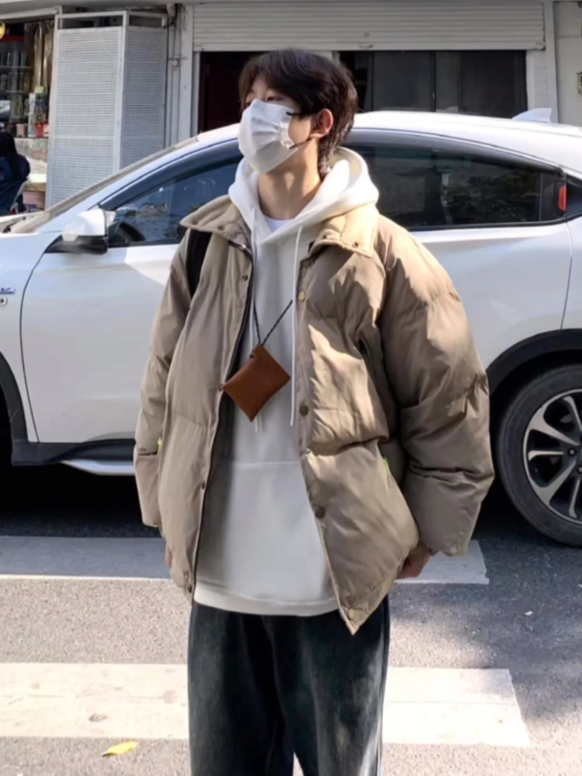 

Kaki Short down Cotton Jacket Men's Winter Zipper Thick Warm Outerwear American High Street Workwear Bread Style Coat