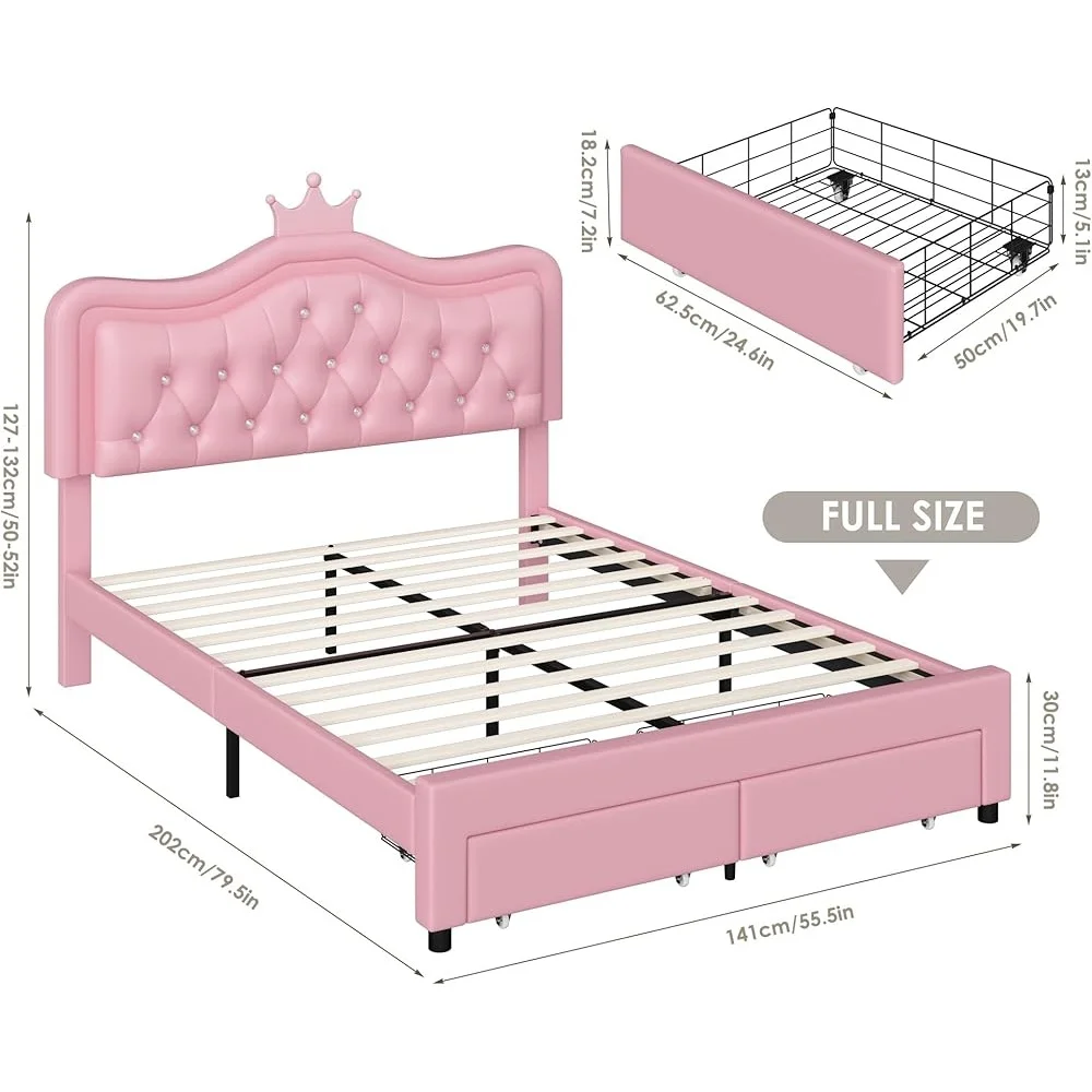 Full Upholstered LED Bed Frame with Storage Drawers Adjustable Crown Headboard Tufted Crystal Soft Leather Platform Bed