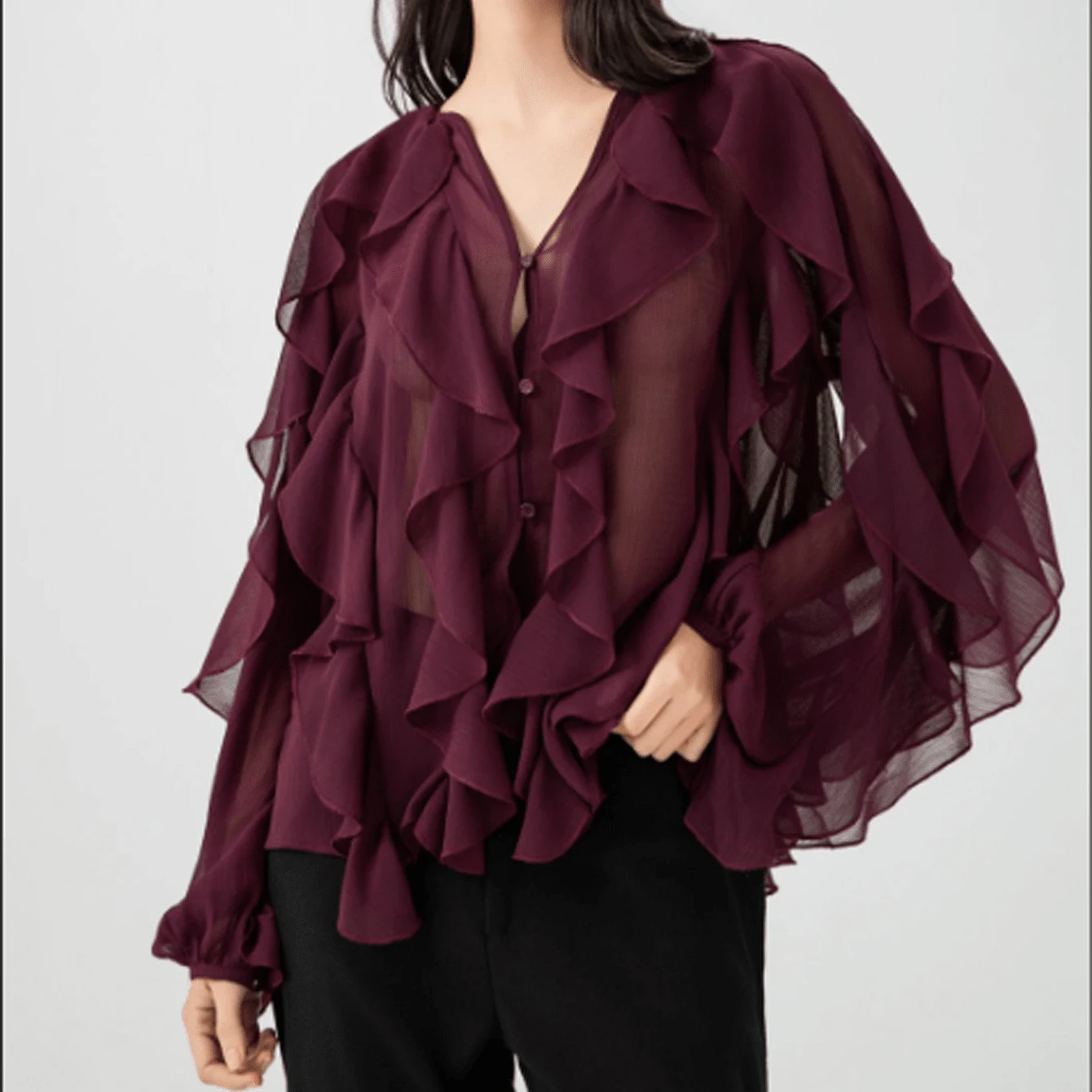 الخريف Rfffled حافة قميص للنساء الأمريكية الخامس الرقبة الربط بلوزة بلون المألوف أنيقة الإناث شرابة القمصان