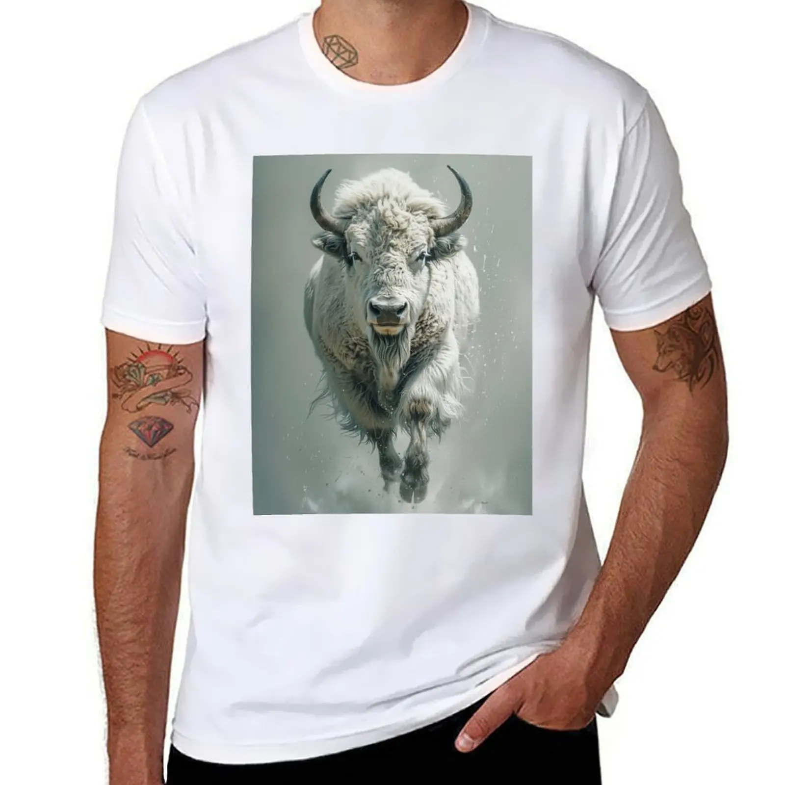 

White Bison Watercolor Print American West Animal Illustration T-Shirt g man t shirts for men t shirt man designer T-shirt