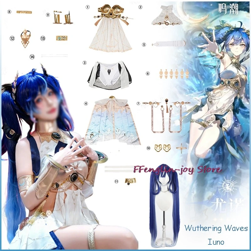 

AWuwa Wuthering Waves Iuno Cosplay Costume Wig Priestess Outfit Clothes Dress Women Halloween Carnival Laurel hair Ornament 유노ユー