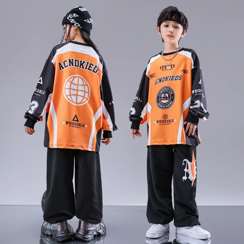 Kids Kpop Hip Hop Clothing Orange Print Sweatshirt Black Casual Cargo Pants Streetwear for Girl Boy Jazz Dance Costume Clothes