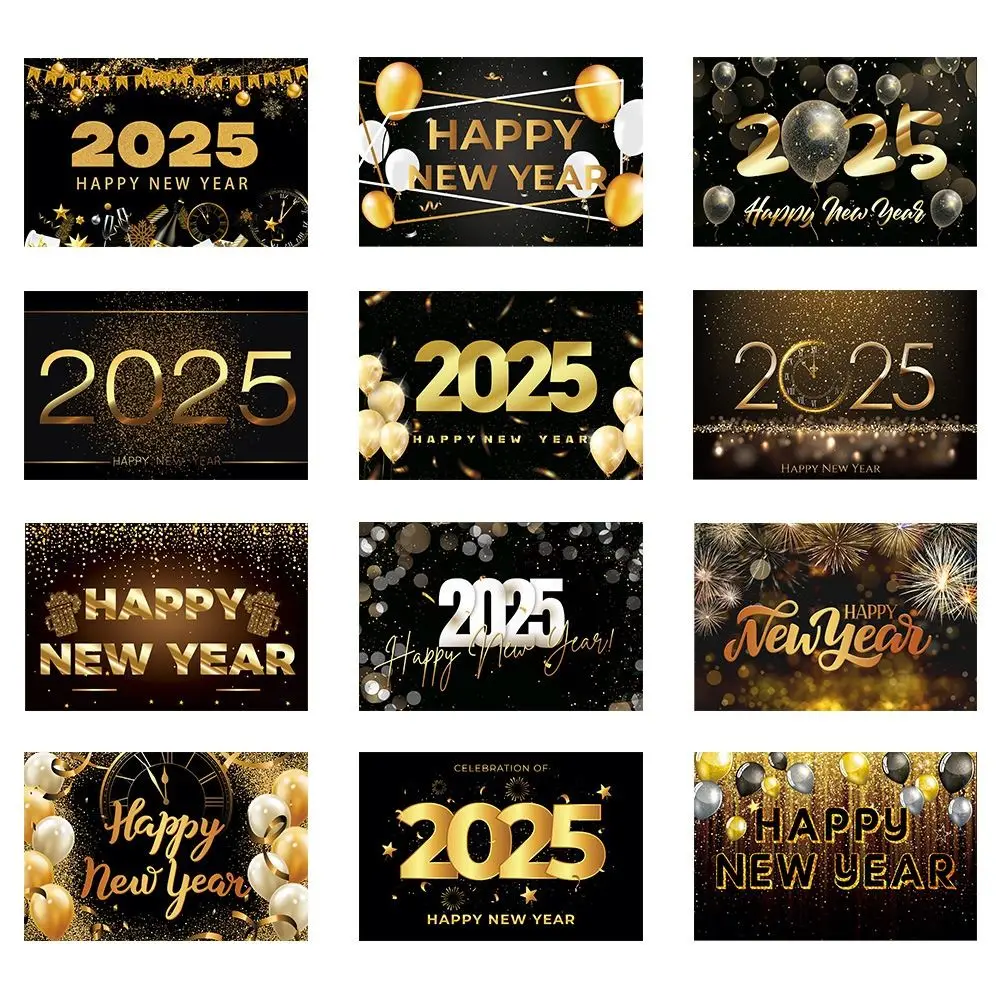 12 Uds. Tarjeta de felicitación plegable de Año Nuevo 2025, tarjeta de regalo de oro negro con bendición para Festival, papel con pegatina de sellado, tarjetas de invitación