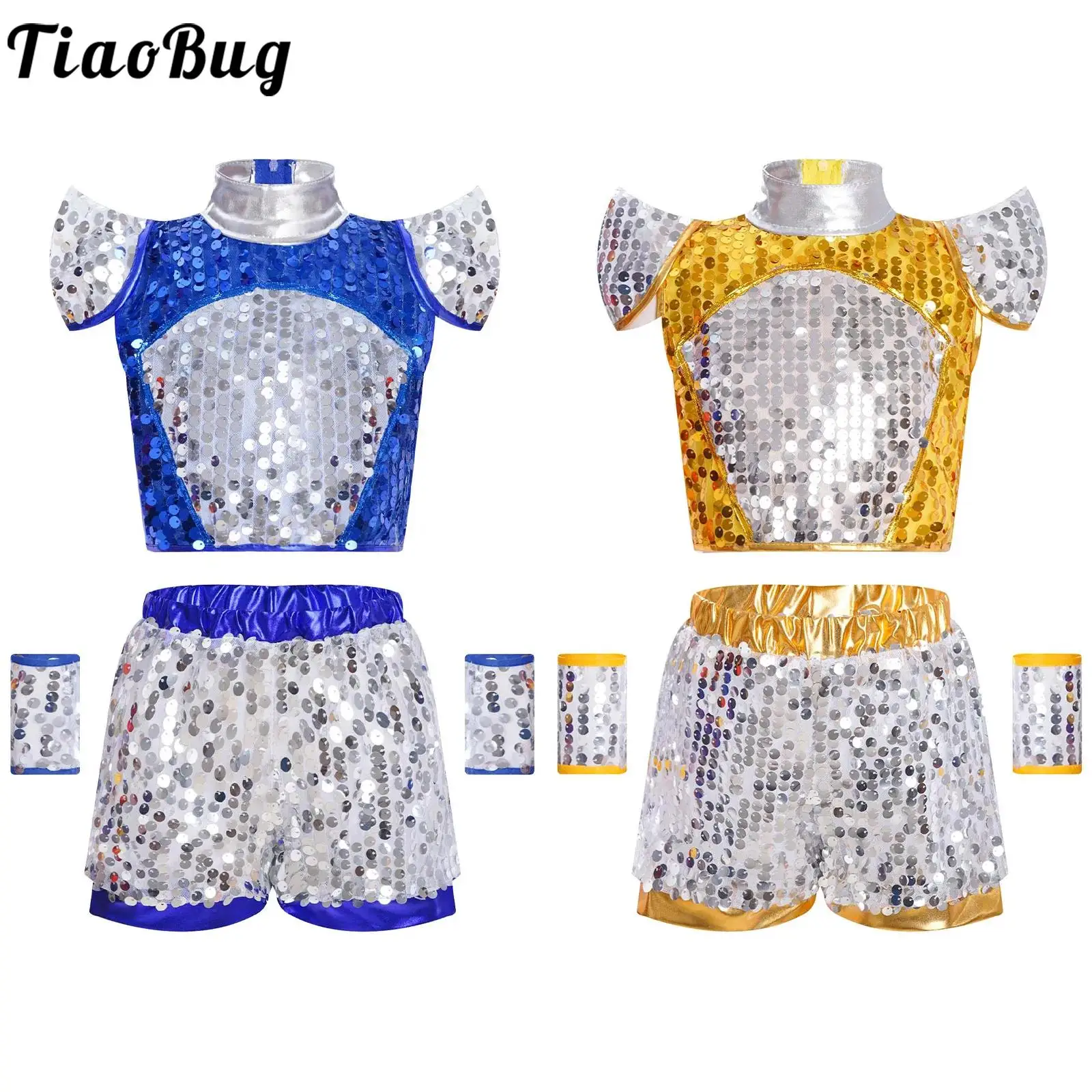 

Boys Girls Shiny Sequins Jazz Modern Dance Outfit Stage Performance Costume Cap Sleeve Crop Top with Shorts and Cuffs Dancer Set