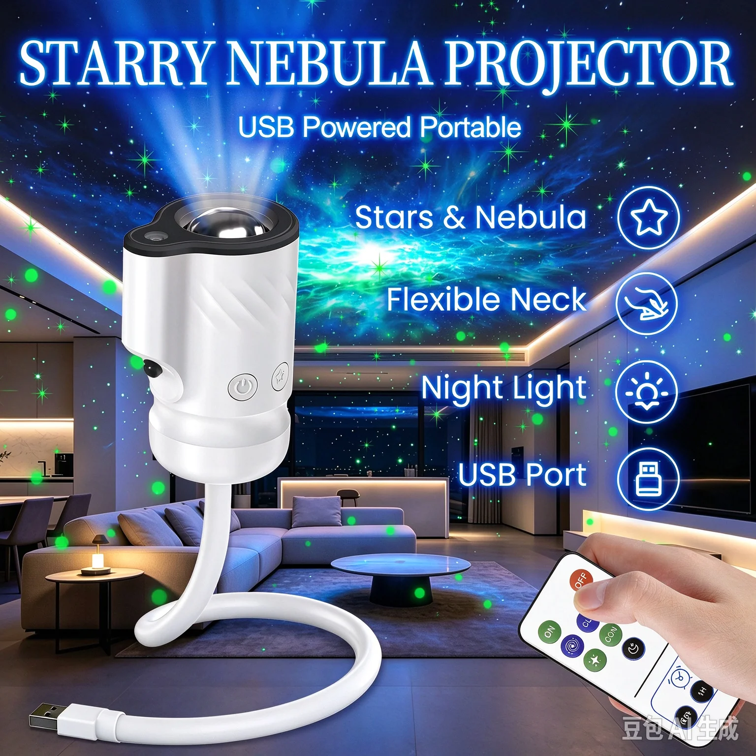 Starry Sky Projector Night Light, 9 Modes Galaxy Nebula Atmosphere Lamp, USB Powered Star Ceiling Projector for Bedroom, Car, Ki