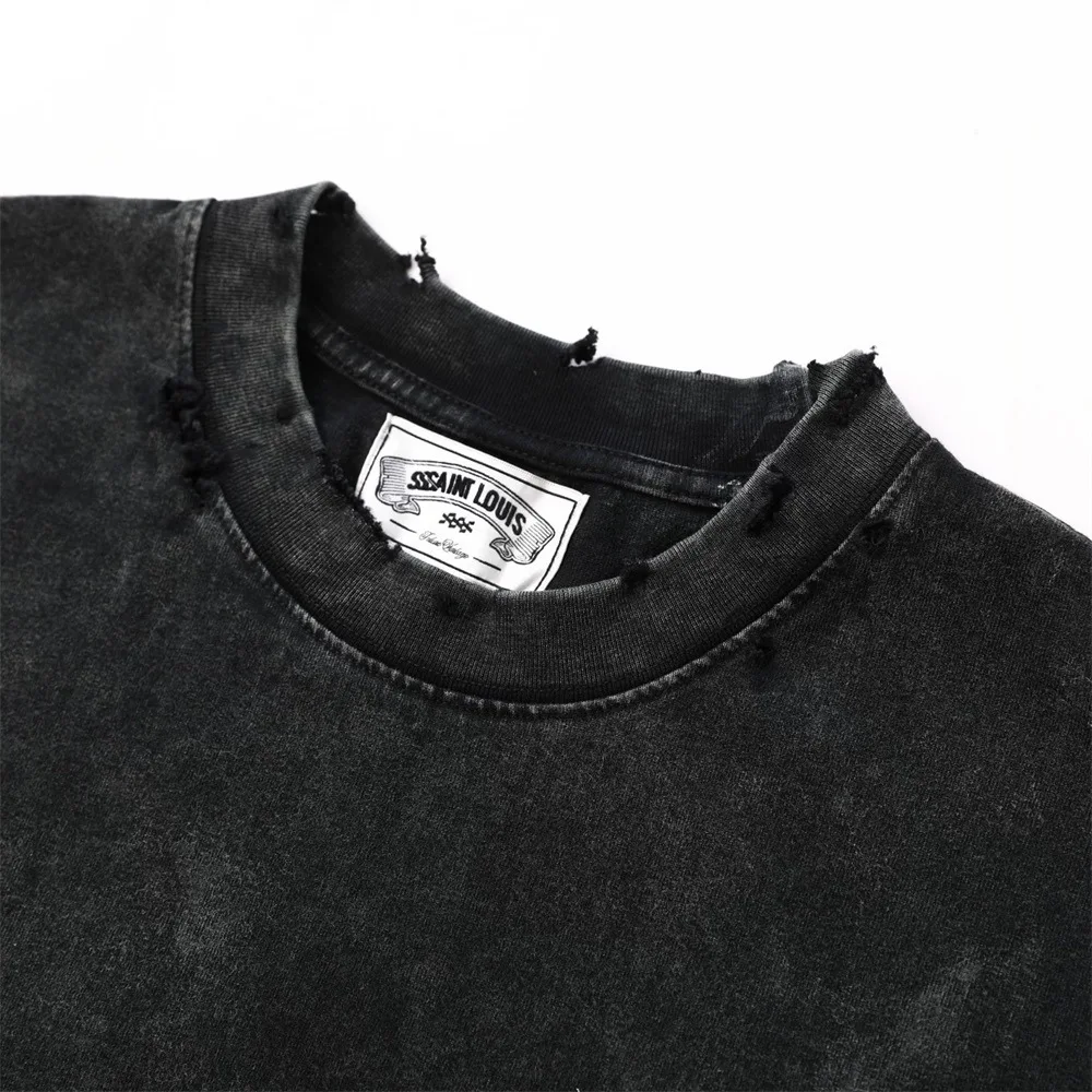 SSSAINT LOUIS Cross Medal Round-neck Pullover Short-Sleeve Vintage Weathered Hole T-Shirt Trendy for Men and Women