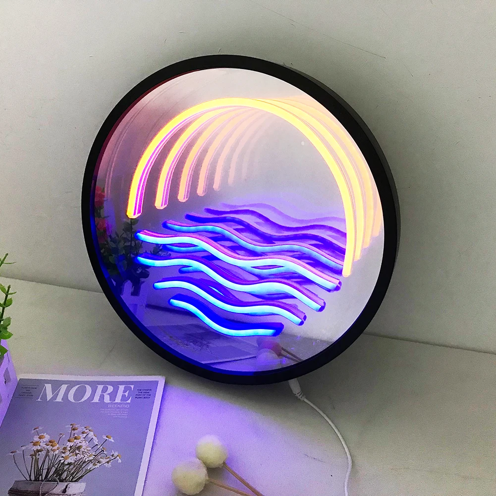 3D Magic Infinite Mirror Multi-layer Sunrise LED Neon Make Up Mirror Sign Home Room Decoration Lights Night Lamp Custom Gifts