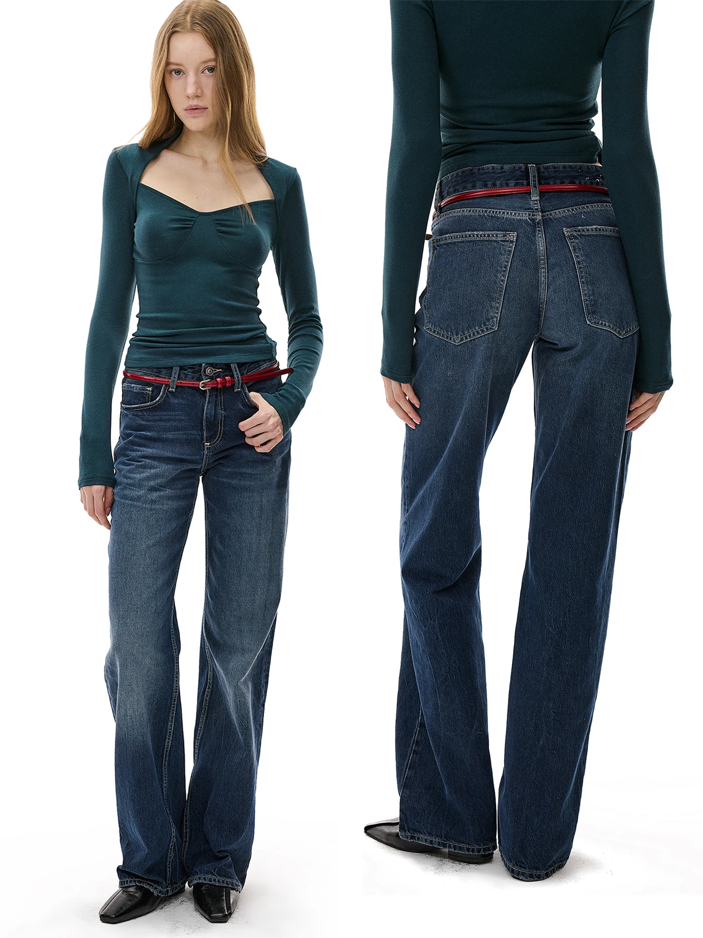 

Monroo Slimming Blue Waed Retro Low Waist Jeans Women's Straight Leg Narrow Long Pants Simple Sle All Seasons Denim