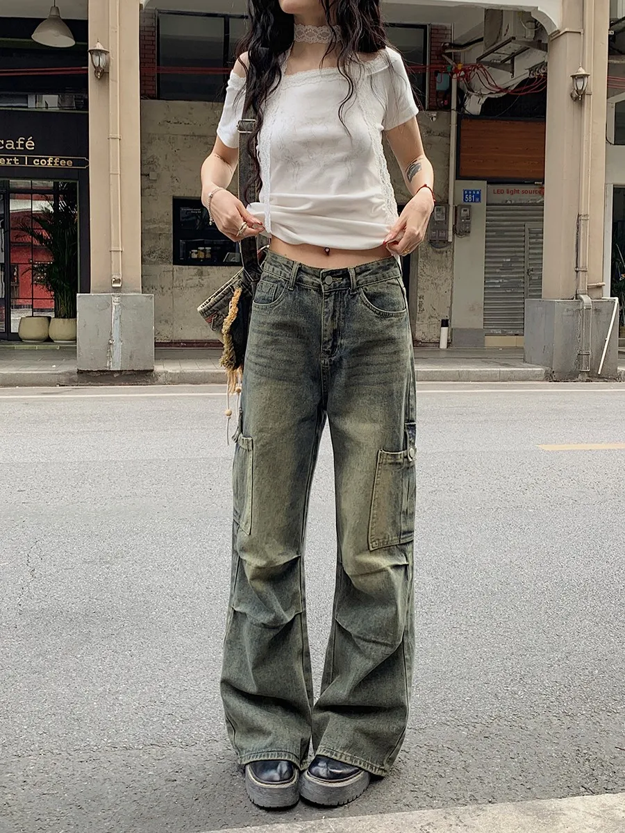 

Синие выцветшие джинсовые брюки в стиле ретро, свободные повседневные брюки с высокой талией и широкими штанинами для женщин, весна-лето