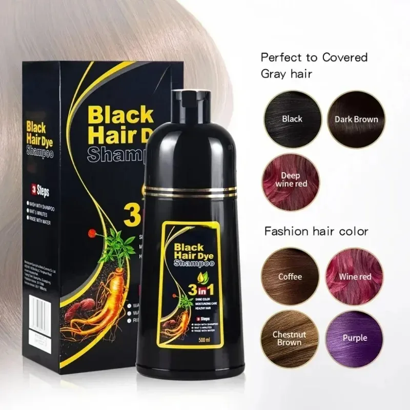 500ml Black Hair Color Dye Hair Shampoo Cream Organic Permanent Covers White Gray Shiny Natural Ginger Essence For Women