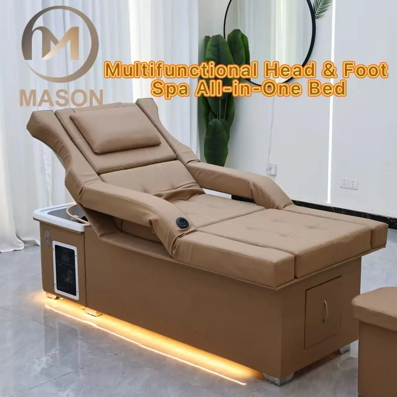 Multifunctional Stainless Steel Frame Salon Shampoo Bed LED Light Therapy Ceramic Basin Electric Adjustable