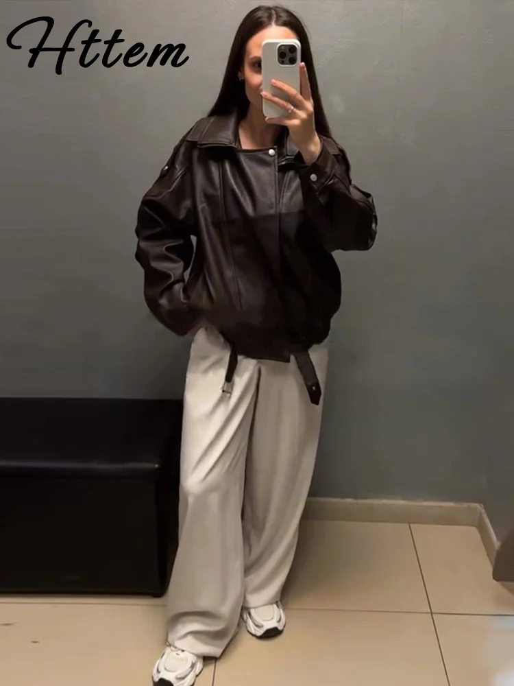 

Street Pu Leather Women Jacket Solid Long Sleeve Zippers Pocket Belt Button Female Outwear 2025 Autumn Lady Streetwear New