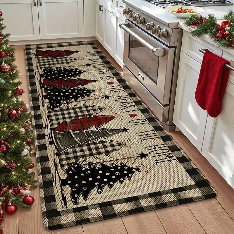 VIKAMA Christmas Runner Rug Buffalo Plaid Tree Letter Print Non Slip Washable Mat Kitchen Hallway Winter Festive Decor