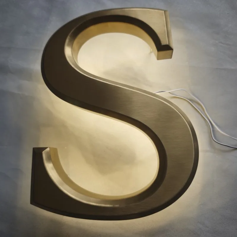 Custom made outdoor 3D back lit gold stainless steel LED letters shop name signs, back lighted store business signs logo