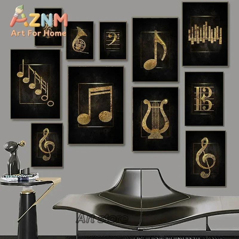 Black Golden Music Symbolic Canvas Painting Musical Instrument Posters and Prints Wall Art Picture Home Living Room Decoratio