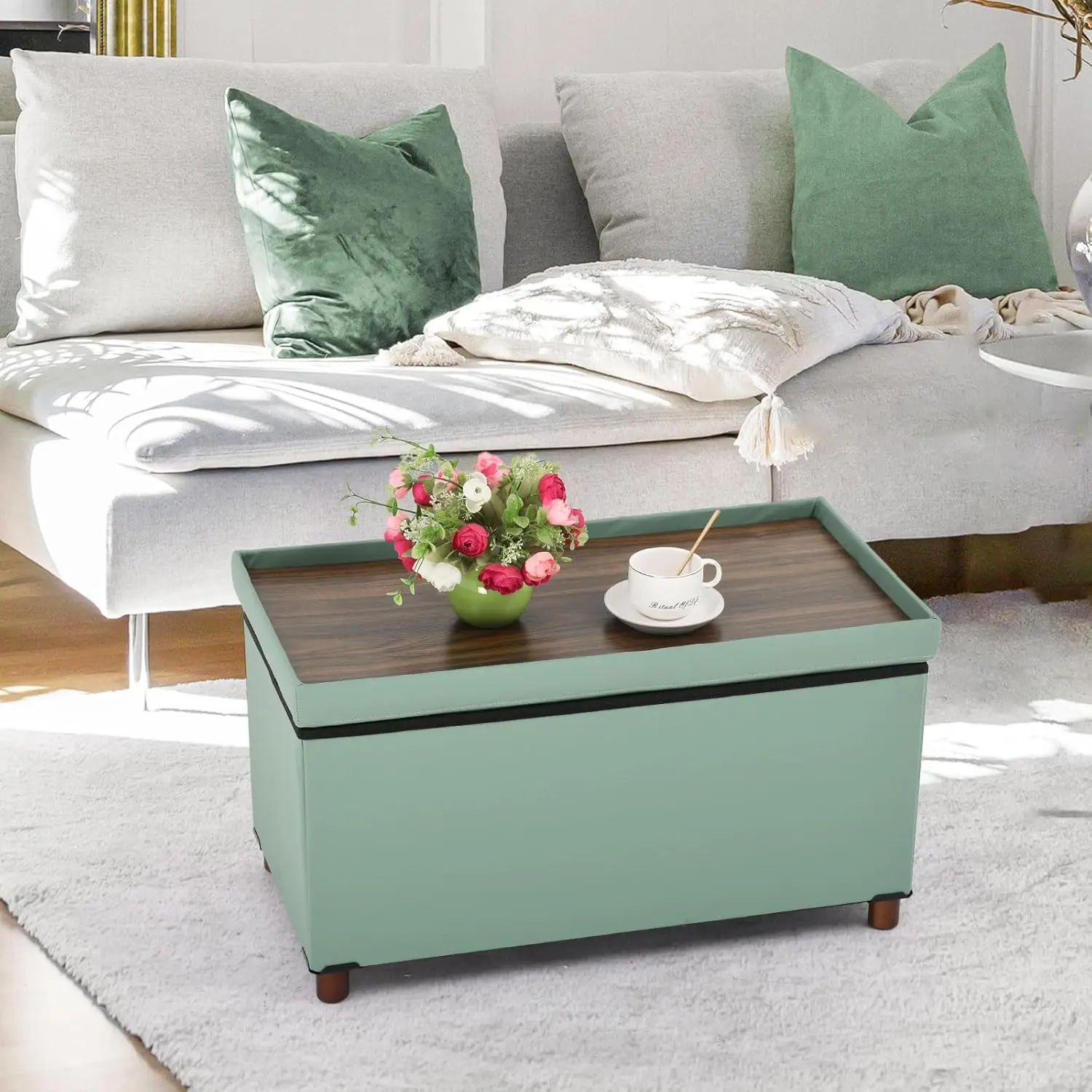 Ottoman Storage Bench for Living Room with Tray Bedroom Foot Stool Storage Ottomans Coffee Table Lid Storage Footstool 30