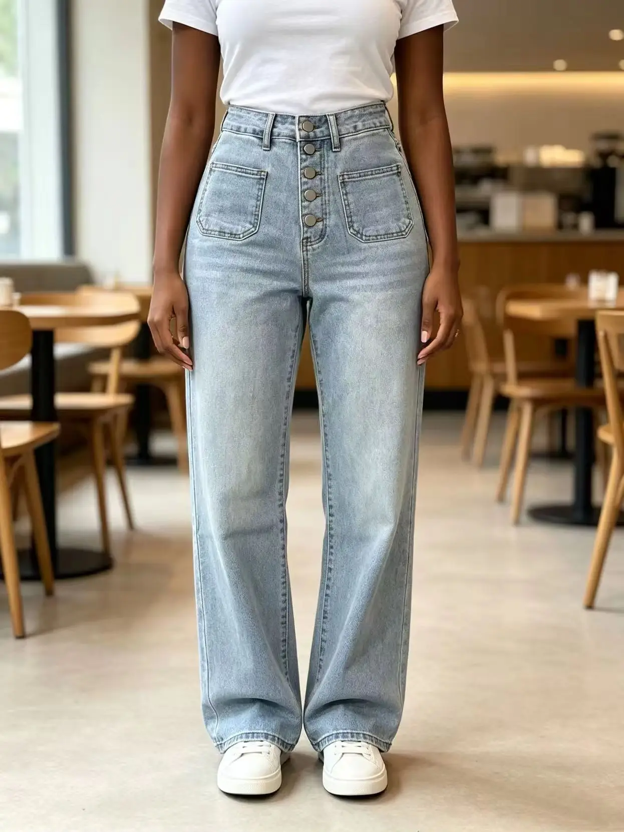 Women Spring Autumn Light Blue High Waist Straight Leg Jeans Light Wash Slim Fit Versatile Flare Long Pants