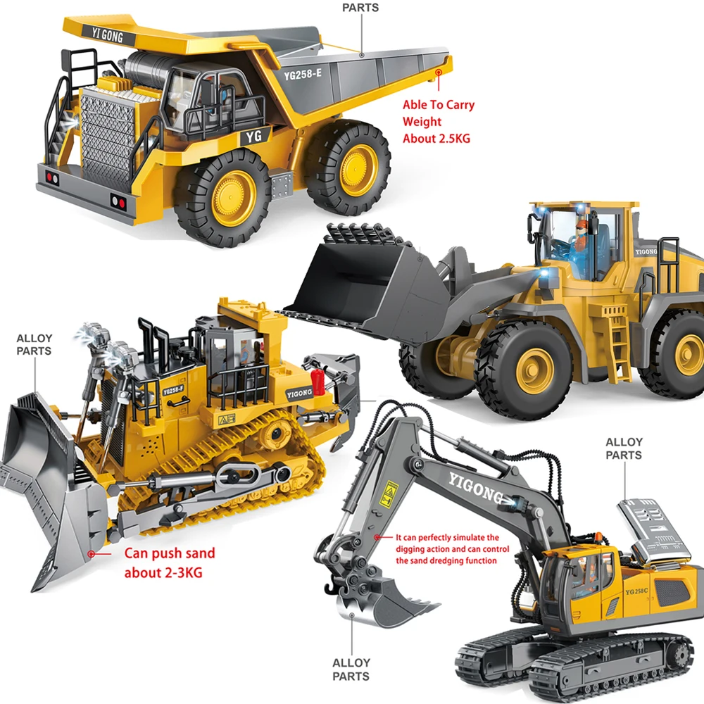 1:20 Alloy 2.4Ghz 11 Channels Rc Excavator Toy Remote Control Truck Toys Digger Sets With Music and Sounds RC Construction