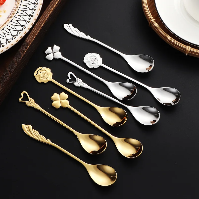 304 Stainless Steel Spoon Household Kitchen Tableware Creative Four-leaf Clover Coffee Spoon Cherry Blossom Dessert Mixing Scoop