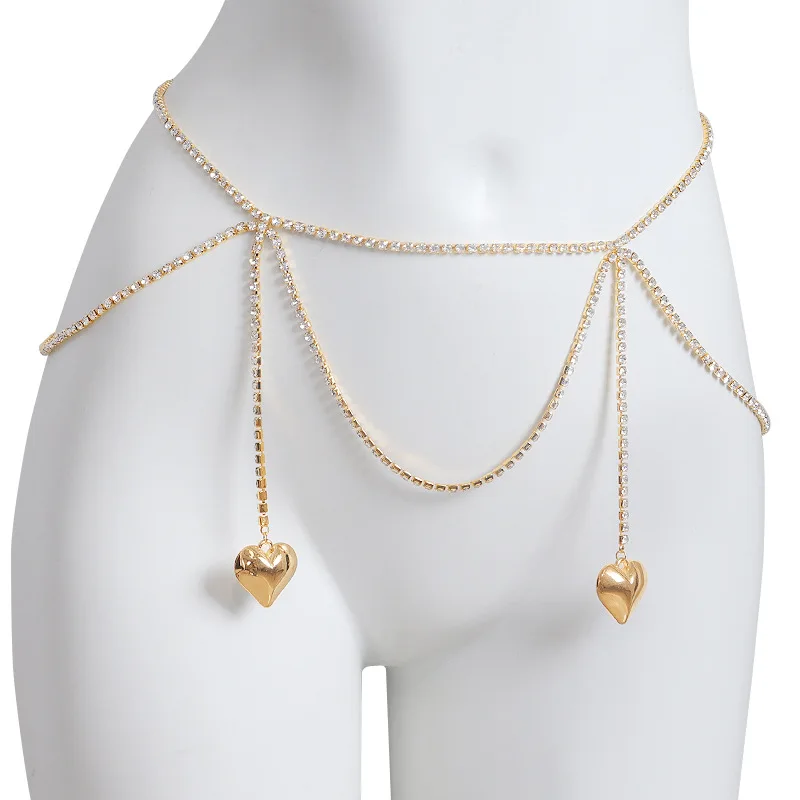 

Luxury Full Rhinestone Body Chain Set for Women Gold&Silver Heart Pendant Chest Waist Jewelry Adjustable Layered Belt for Dress