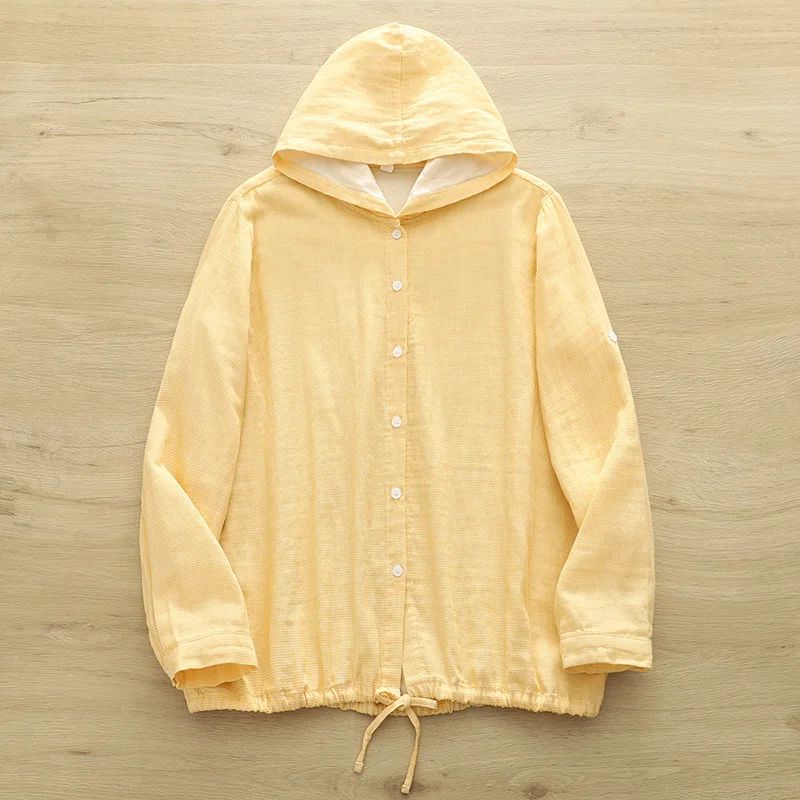 100% Cotton yarn plaid hoodies sweatshirt for women autumn Japanese style yellow pink blue check hooded shirts and blouses