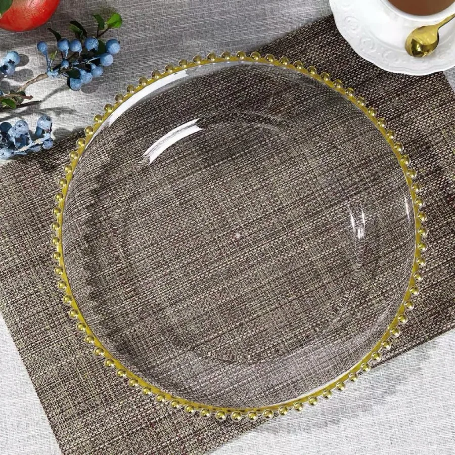 

25 Pcs Clear Charger Plates 12.6 inch Plastic Dinner Charger Plates with Gold Beaded Rim for Home Wedding Birthday Bridal Showe