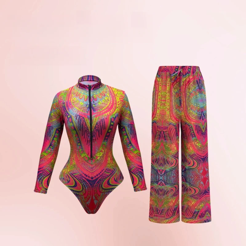 Women's Half-Zip Long Sleeve One-Piece Swimsuit with Wide-Leg Pants Cover-Up Set UV Protection Two-Piece Bikini Outfit