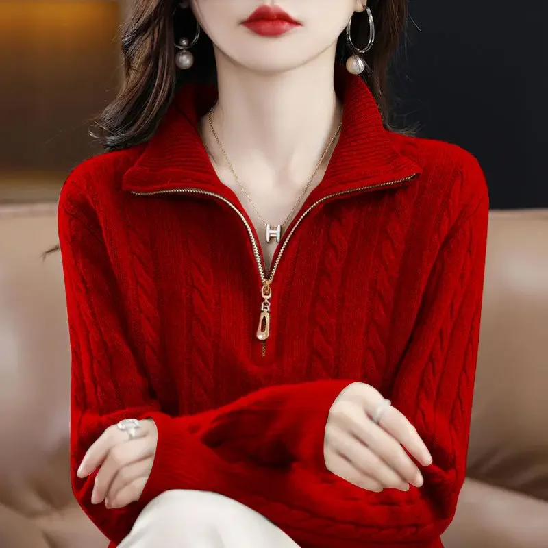 

2024 Autumn New Half Turtleneck Zipper Sweater Thick Loose Knitted Pullover Casual Wild Solid Jumper Femme Knitwear Tops C42