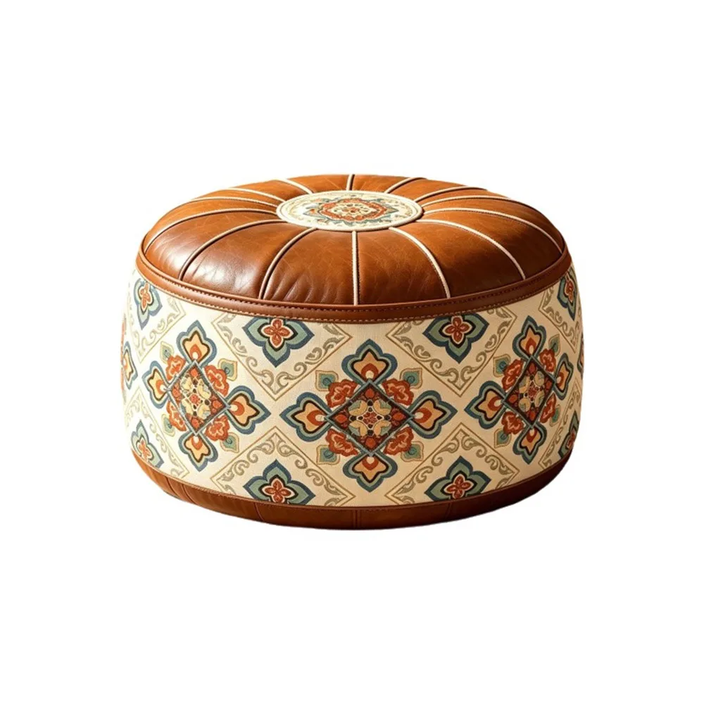 PU Leather Round Ottoman Stool Vintage Style Geometric Bird Pattern Footstool Cover Fillable Round Shape Storage Ottoman Pouf